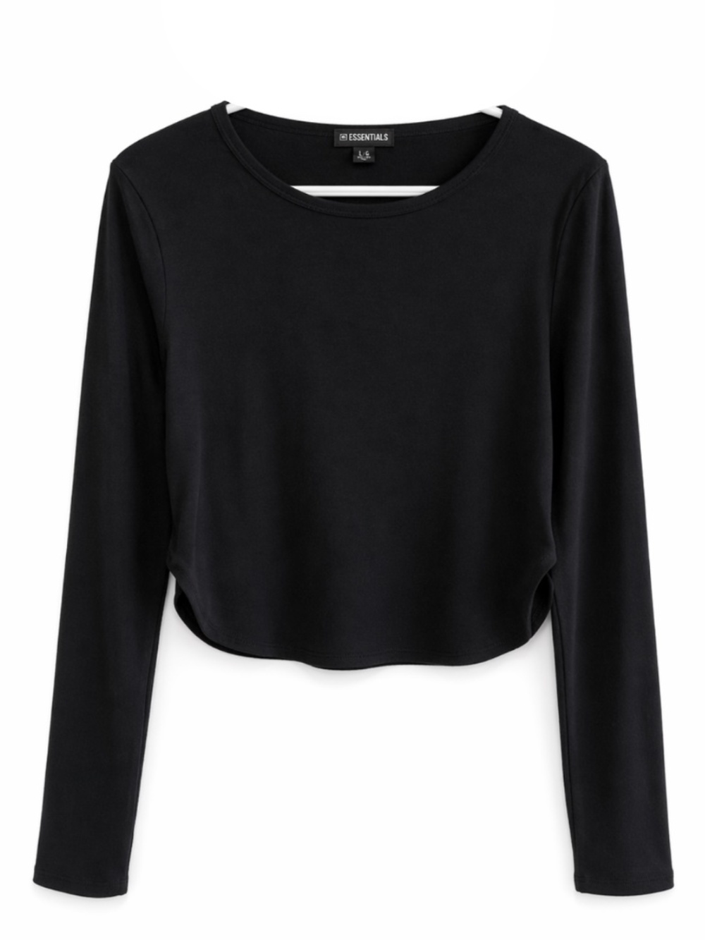 SWS ESSENTIALS Black Ribbed Long-Sleeve Crop Top Ruched Sides – XL GUC
